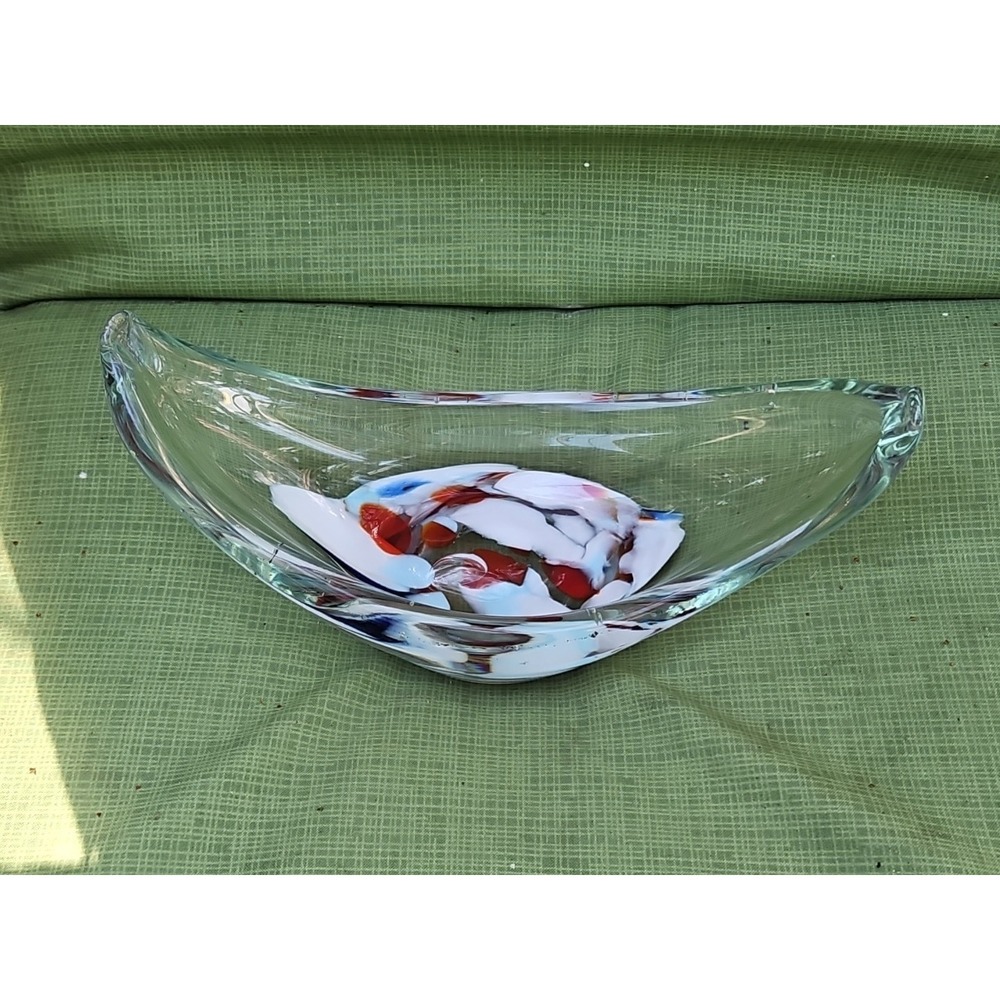 Murano Glass Boat Dish Vintage Hand Blown Red Orange White Blue Swirl 10"